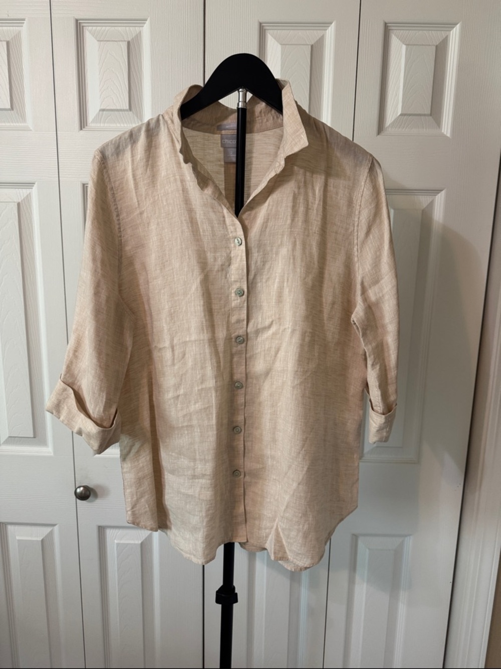 Chico's Womens Lightweight Linen-Blend Button Down Shirt - Cream